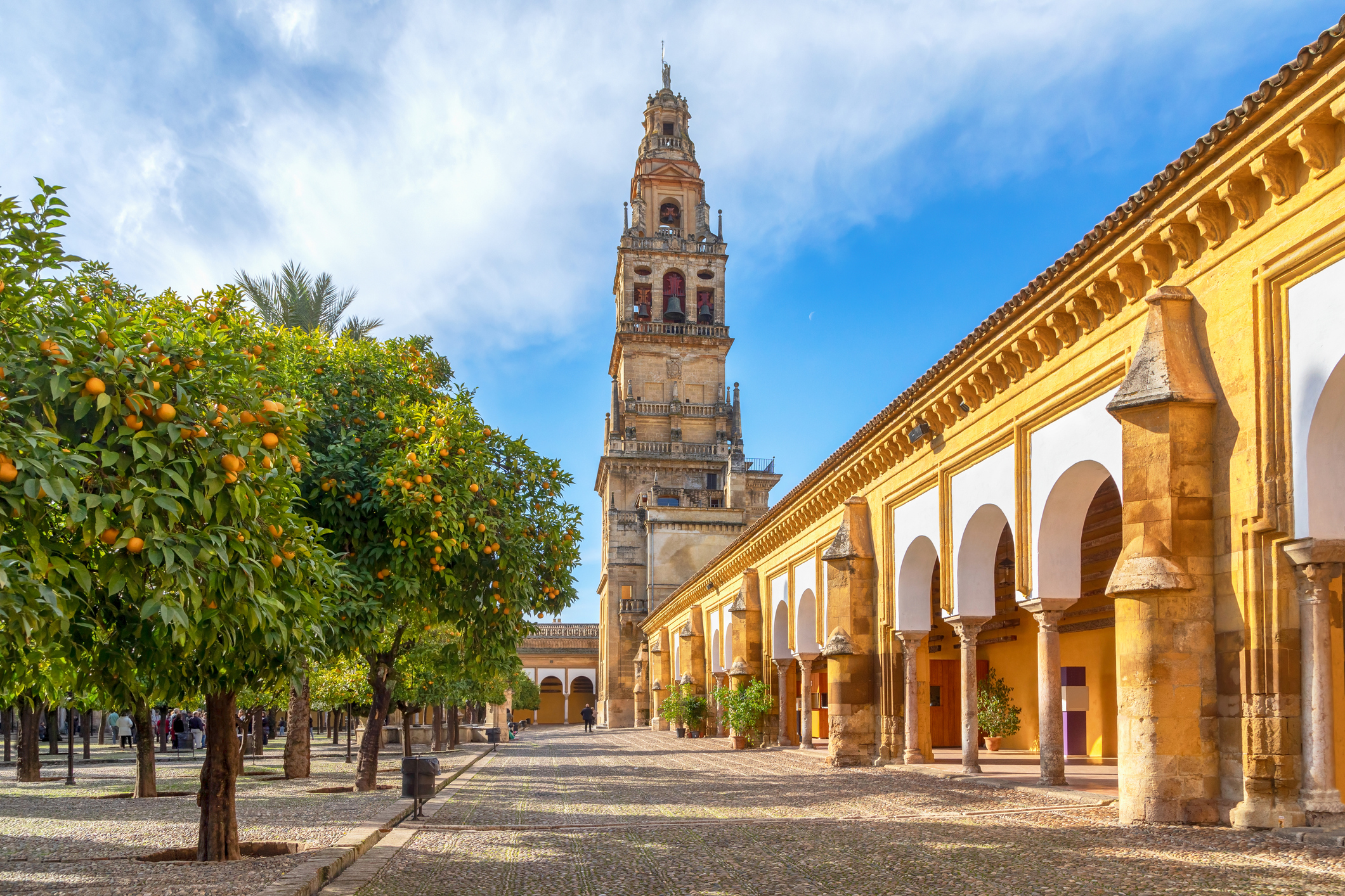 Torre Campanario en binnenplaats beplant met sinaasappelbomen in Cordoba