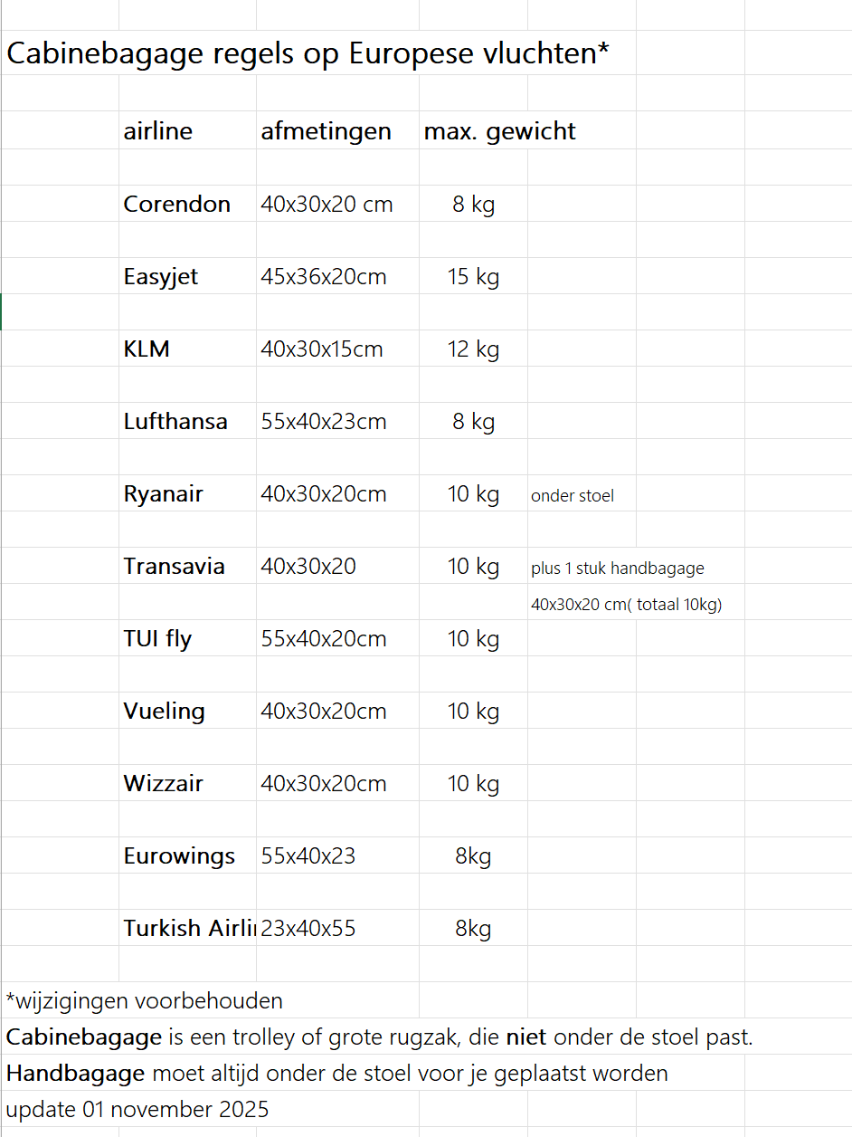 Overzicht handbagage aan boord
