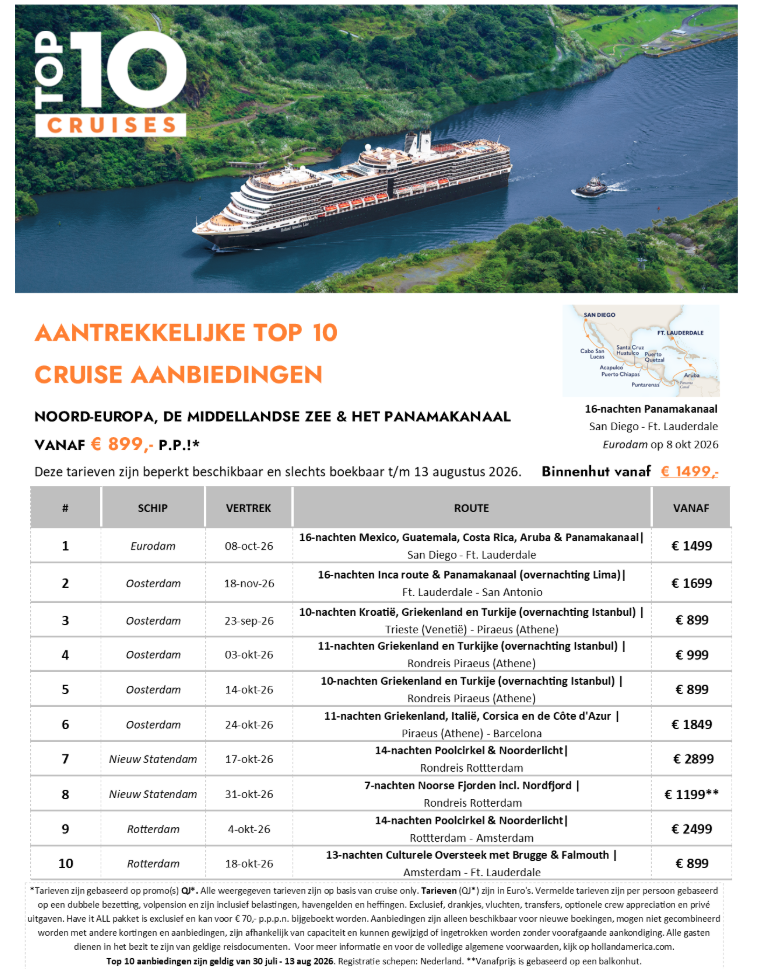 TOP 10 HAL-cruises augustus 2026